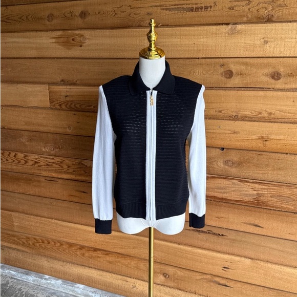 John Sport by Marie Gray Black White Knit Zip Jacket